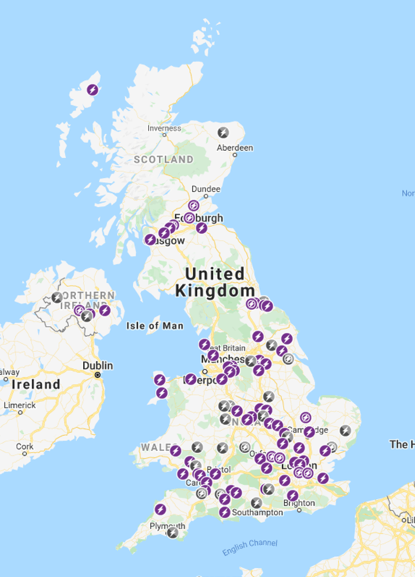 Extract of ADBA Biogas Map showing Food Waste AD projects generating electricity